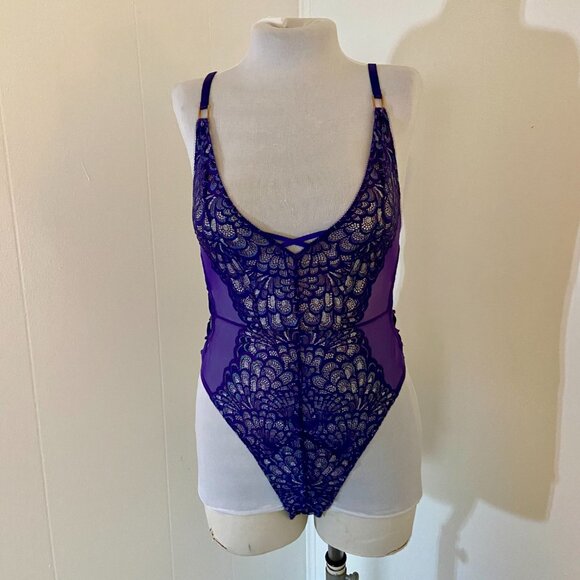 Savage x Fenty Metallic Lace Teddy Bodysuit Grape Purple Small Sheer Criss Cross - Picture 8 of 16